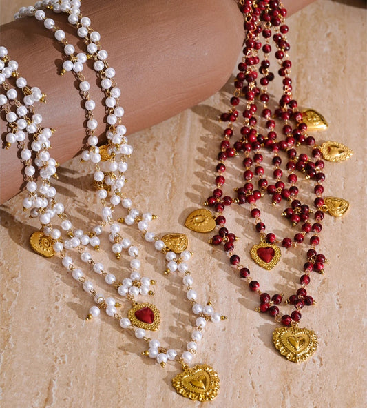 Simulated pearl stone layered heart drop necklace - product image