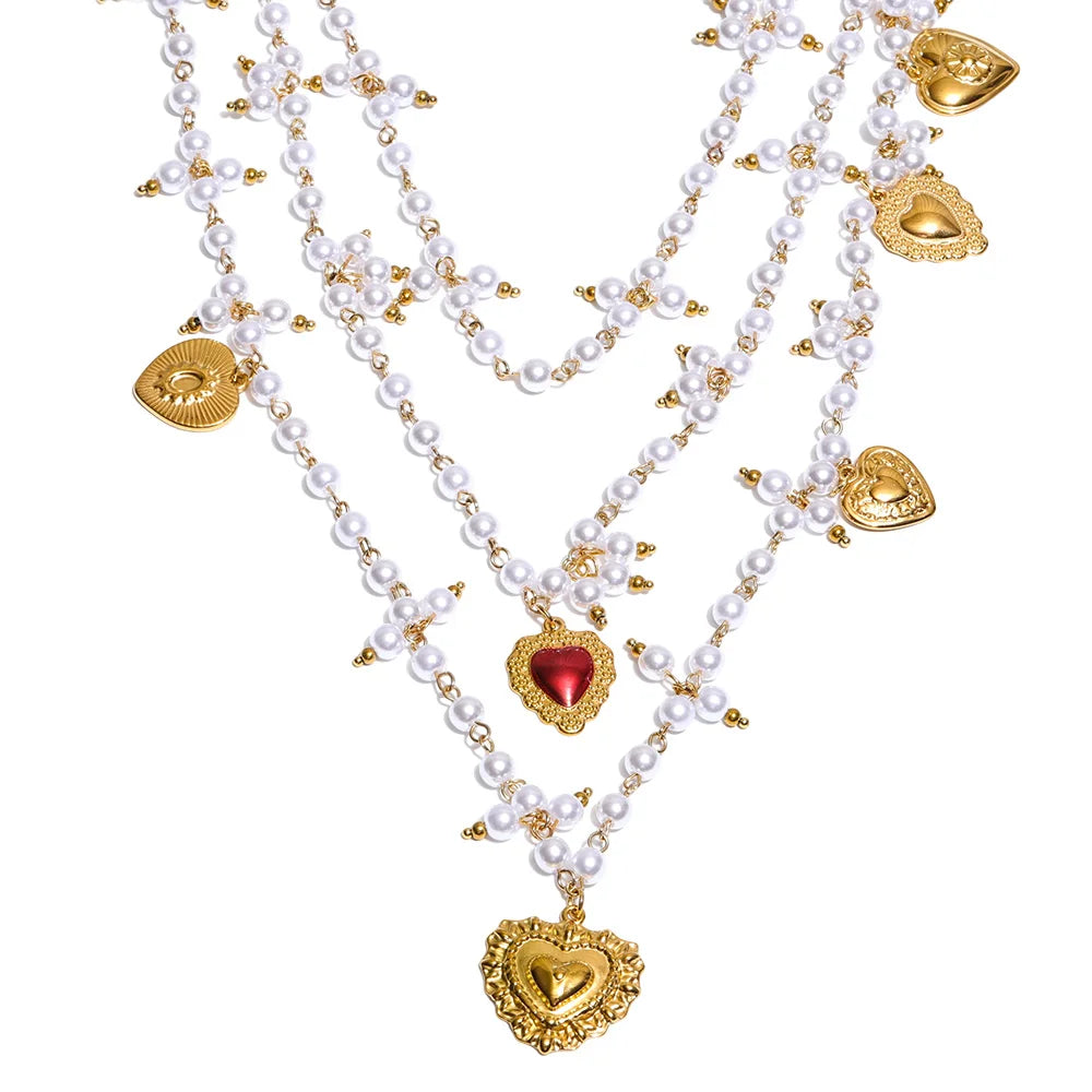 Simulated pearl stone layered heart drop necklace - product image