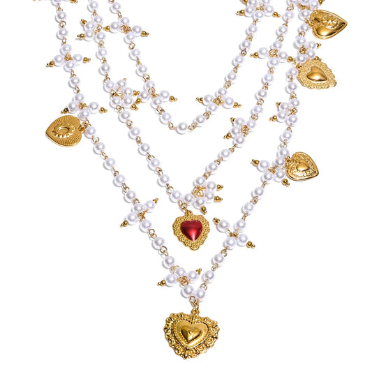 Simulated pearl stone layered heart drop necklace - product image
