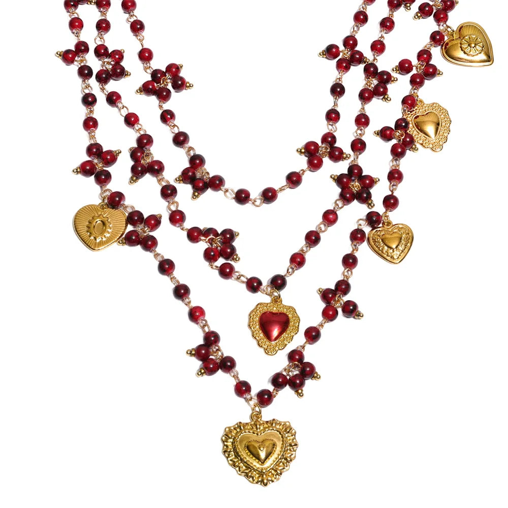 Simulated pearl stone layered heart drop necklace - product image