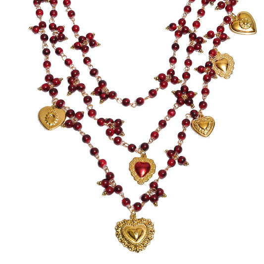 Simulated pearl stone layered heart drop necklace - product image