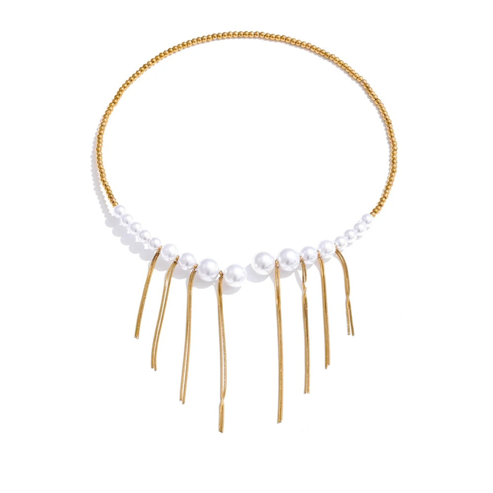 Simulated pearls beads chain tassel necklace - product image