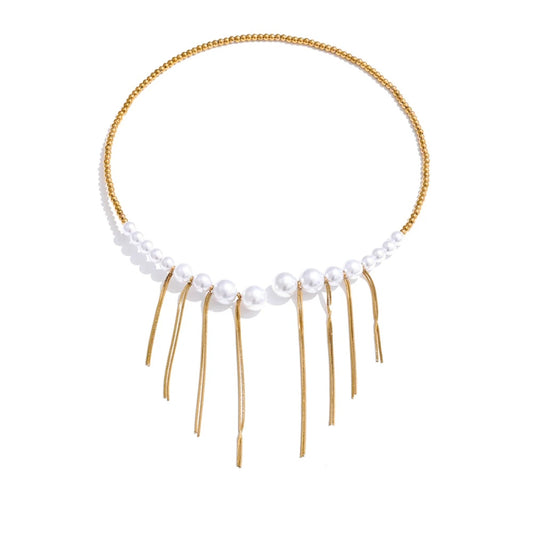 Simulated pearls beads chain tassel necklace - product image
