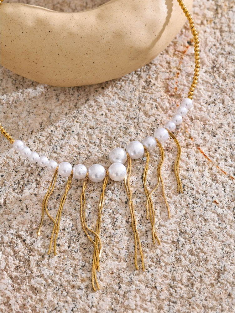 Simulated pearls beads chain tassel necklace - product image