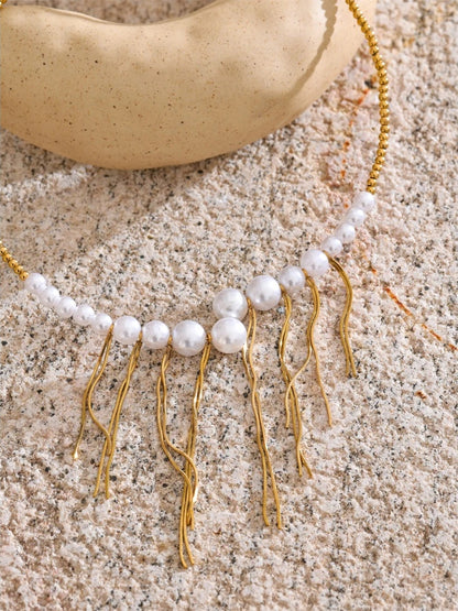 Simulated pearls beads chain tassel necklace - product image