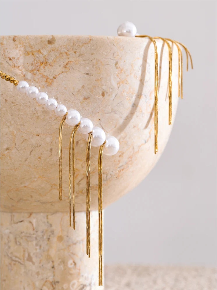 Simulated pearls beads chain tassel necklace - product image