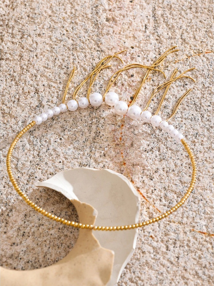 Simulated pearls beads chain tassel necklace - product image
