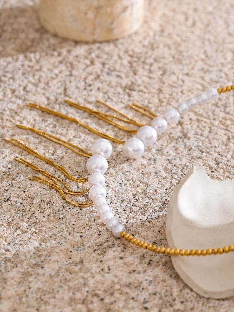 Simulated pearls beads chain tassel necklace - product image