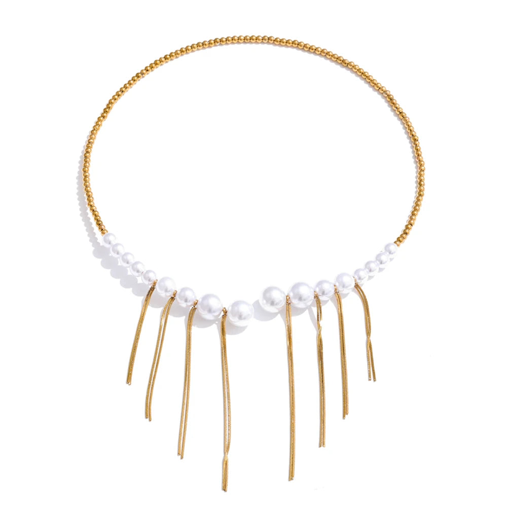 Simulated pearls beads chain tassel necklace - product image