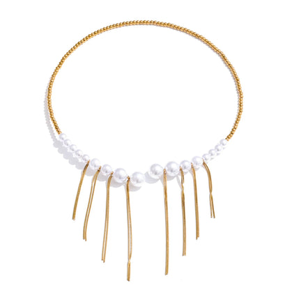Simulated pearls beads chain tassel necklace - product image