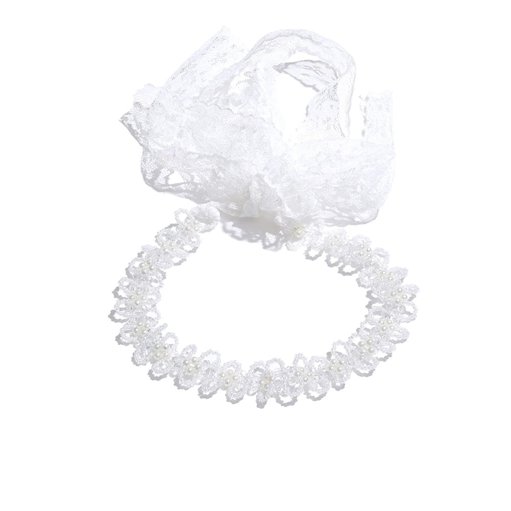 Simulated pearls crystal chain white lace hairband - product image