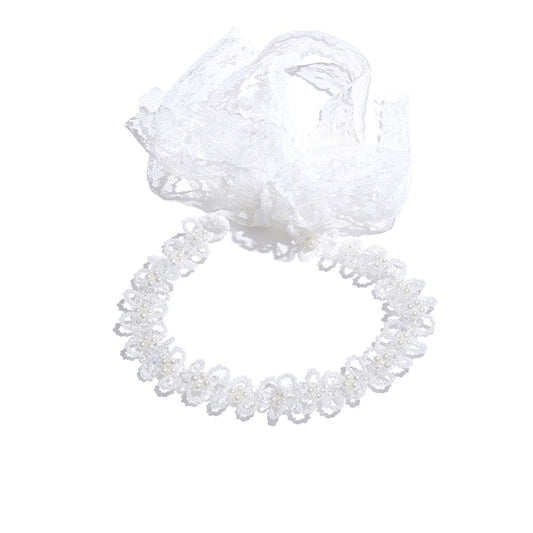 Simulated pearls crystal chain white lace hairband - product image