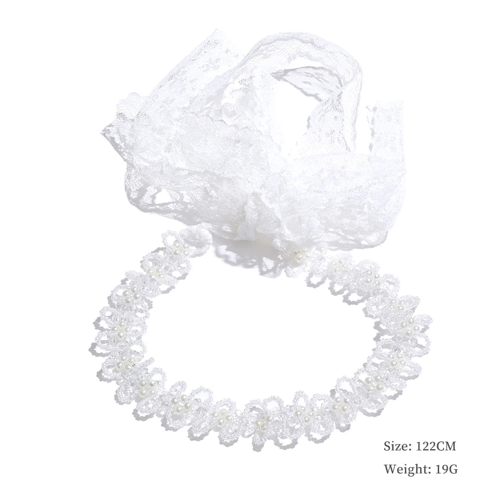 Simulated pearls crystal chain white lace hairband - product image