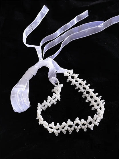 Simulated pearls crystal chain white lace hairband - product image