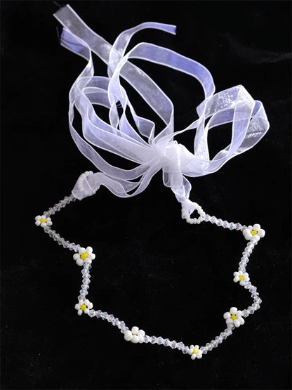 Simulated pearls crystal chain white lace hairband - product image