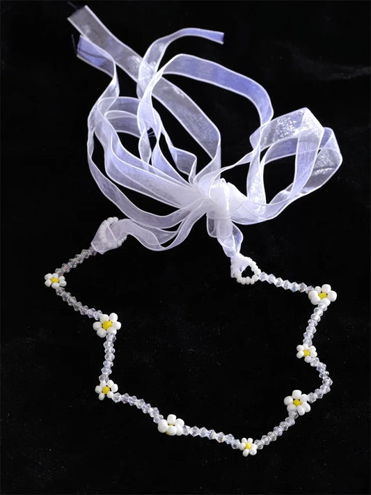 Simulated pearls crystal chain white lace hairband - product image