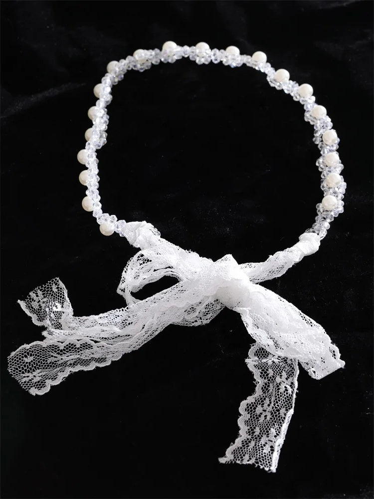 Simulated pearls crystal chain white lace hairband - product image