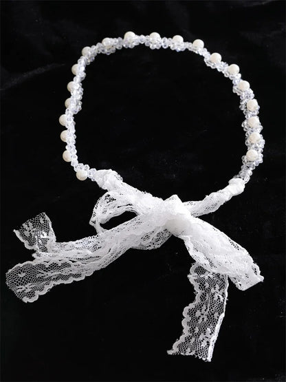 Simulated pearls crystal chain white lace hairband - product image
