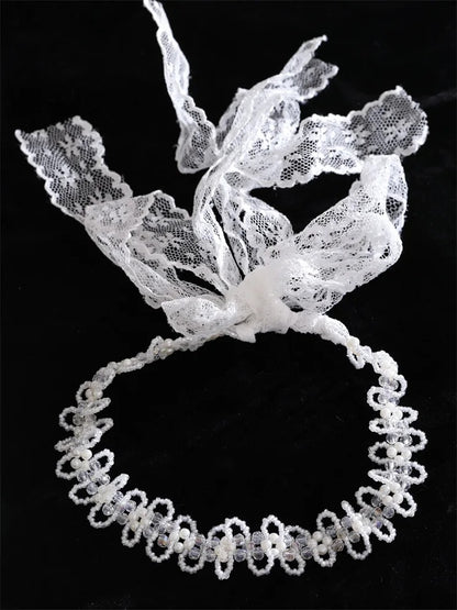 Simulated pearls crystal chain white lace hairband - product image