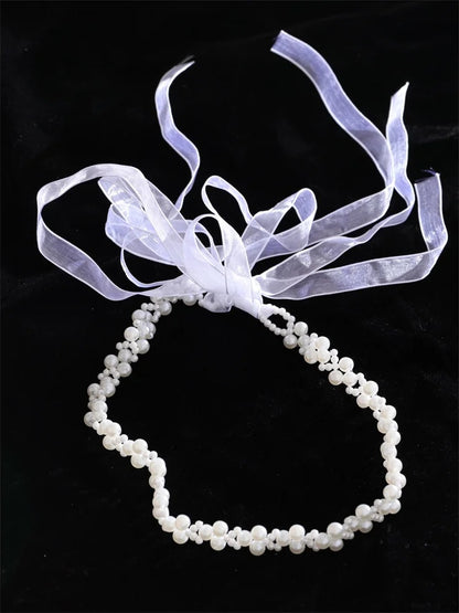 Simulated pearls crystal chain white lace hairband - product image
