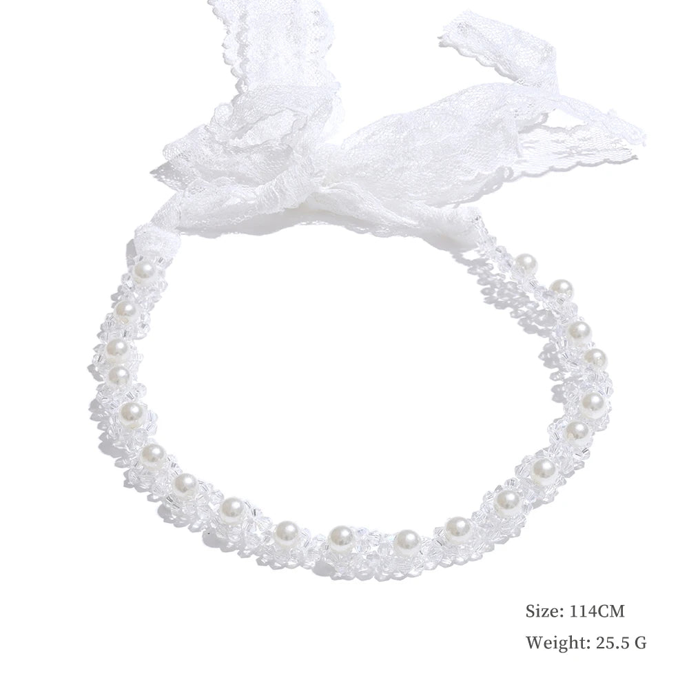 Simulated pearls crystal chain white lace hairband - product image