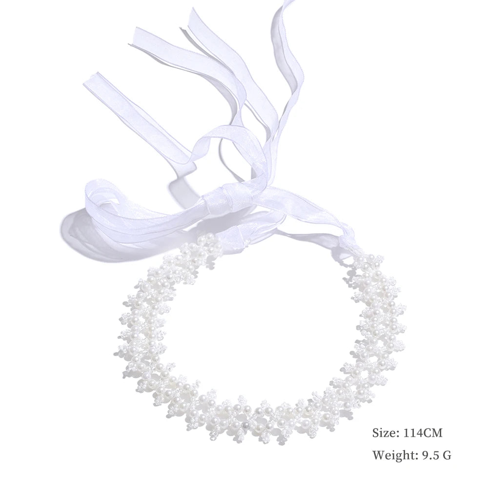 Simulated pearls crystal chain white lace hairband - product image