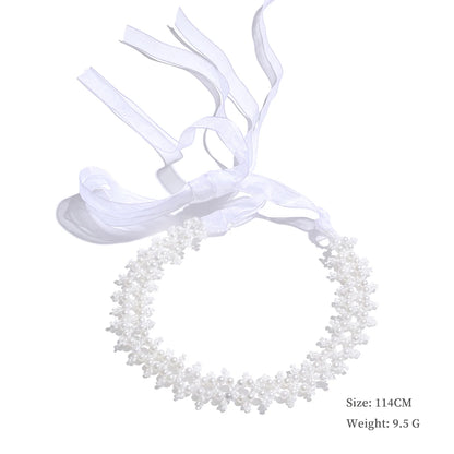 Simulated pearls crystal chain white lace hairband - product image