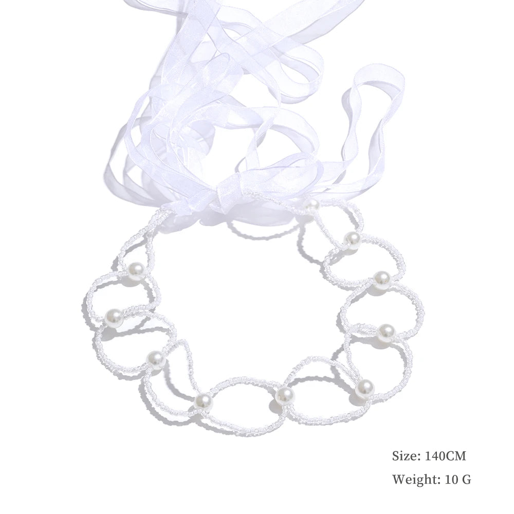 Simulated pearls crystal chain white lace hairband - product image