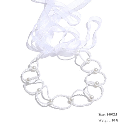 Simulated pearls crystal chain white lace hairband - product image