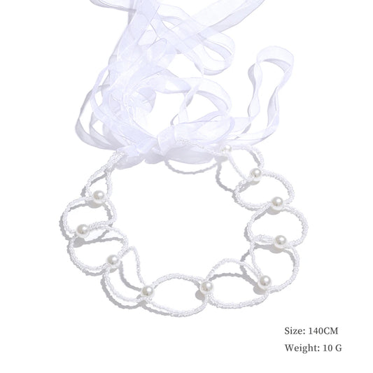 Simulated pearls crystal chain white lace hairband - product image