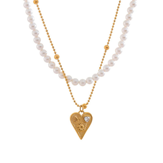 Simulated pearls double-layer chain necklace - product image