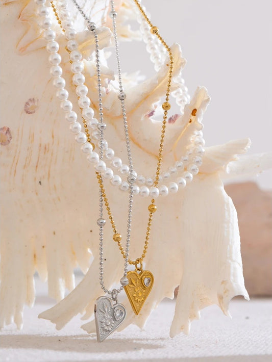 Simulated pearls double-layer chain necklace - product image
