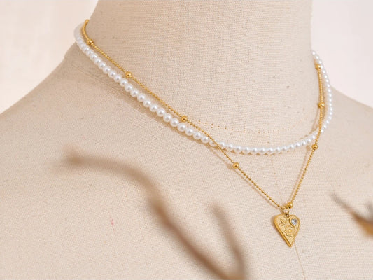Simulated pearls double-layer chain necklace - product image