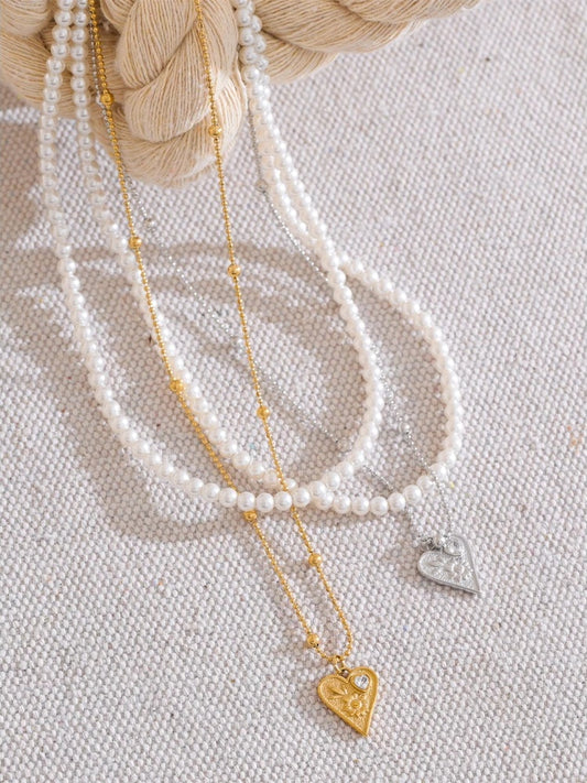 Simulated pearls double-layer chain necklace - product image