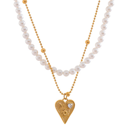 Simulated pearls double-layer chain necklace - product image