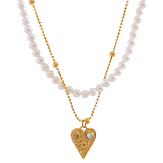 Simulated pearls double-layer chain necklace - product image