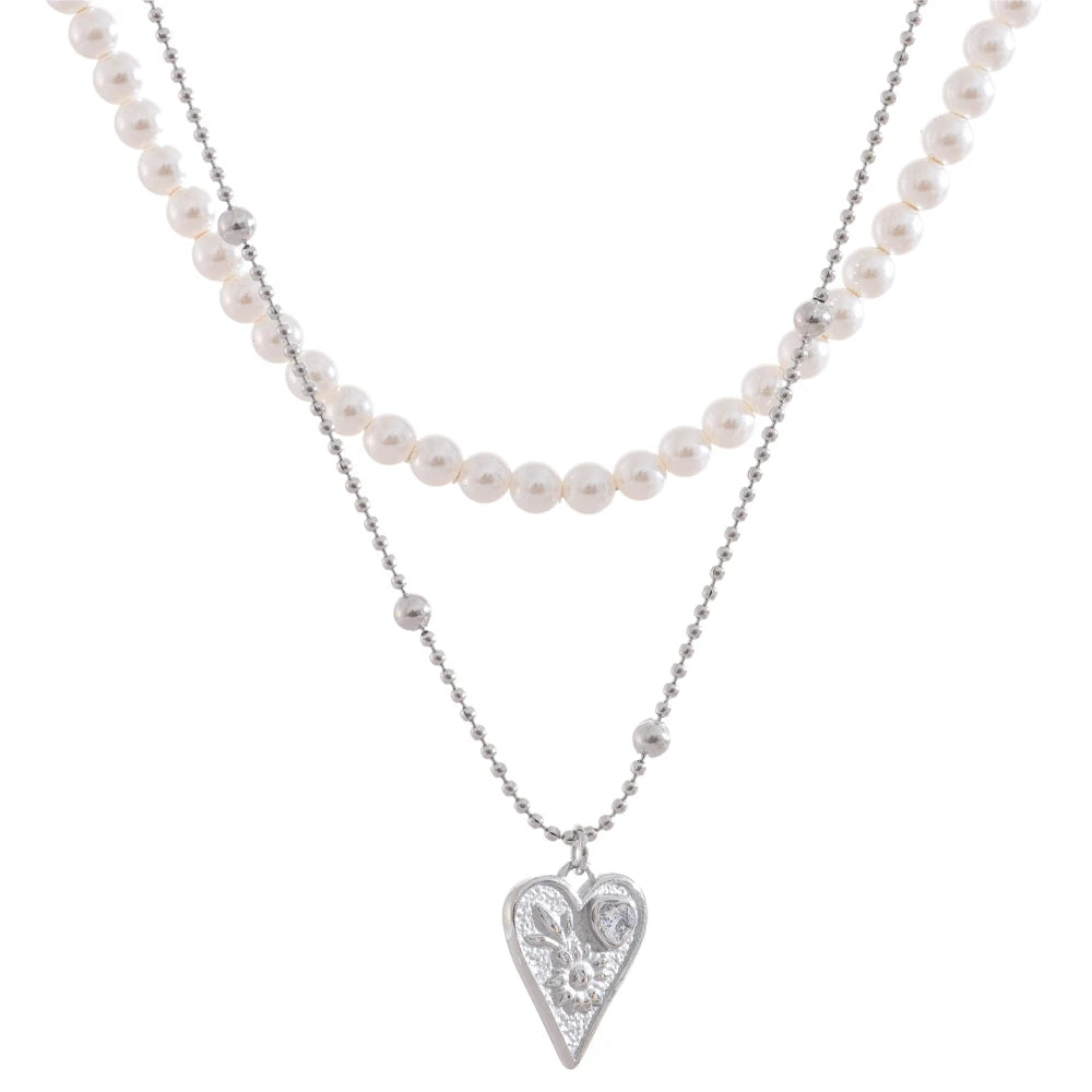 Simulated pearls double-layer chain necklace - product image