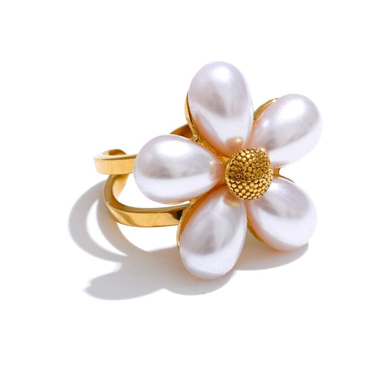 Simulated pearls flower open ring - product image