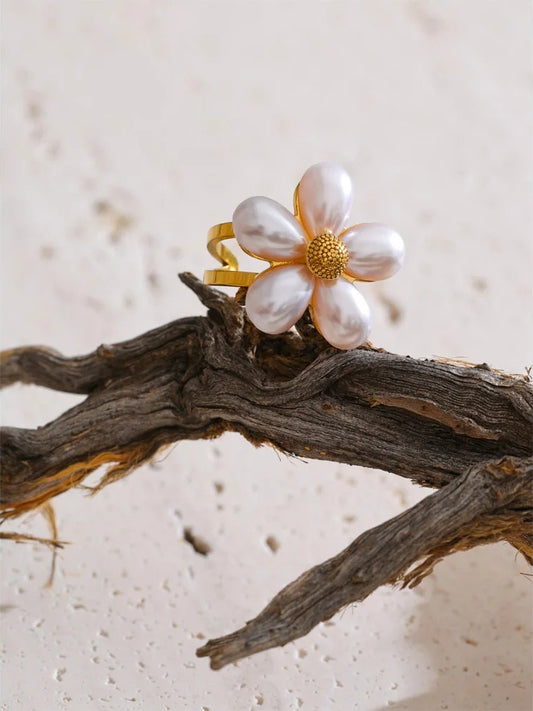 Simulated pearls flower open ring - product image