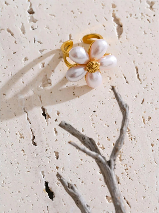 Simulated pearls flower open ring - product image