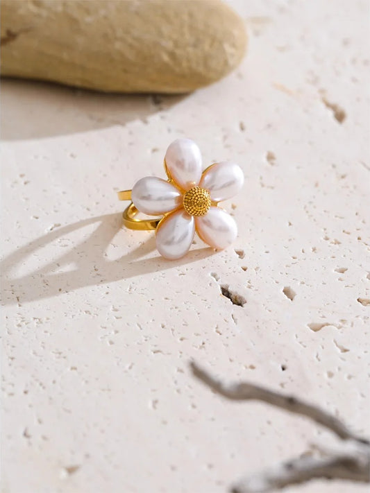 Simulated pearls flower open ring - product image