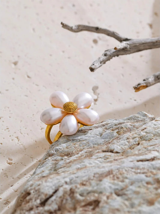 Simulated pearls flower open ring - product image