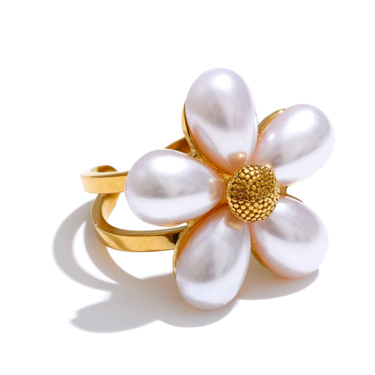 Simulated pearls flower open ring - product image