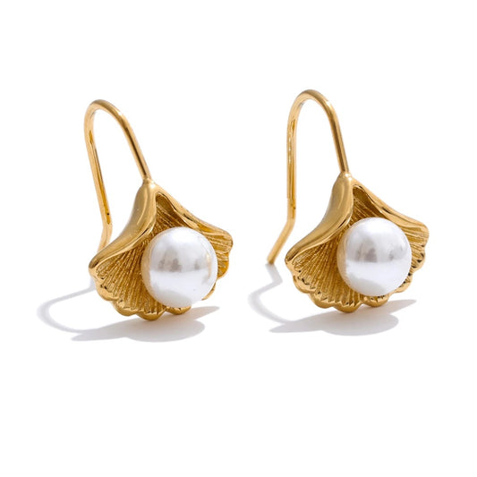 Simulated pearls ginkgo biloba drop earrings - product image