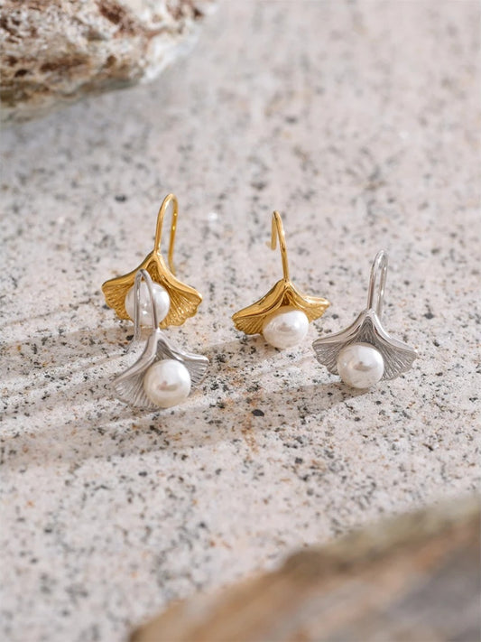 Simulated pearls ginkgo biloba drop earrings - product image
