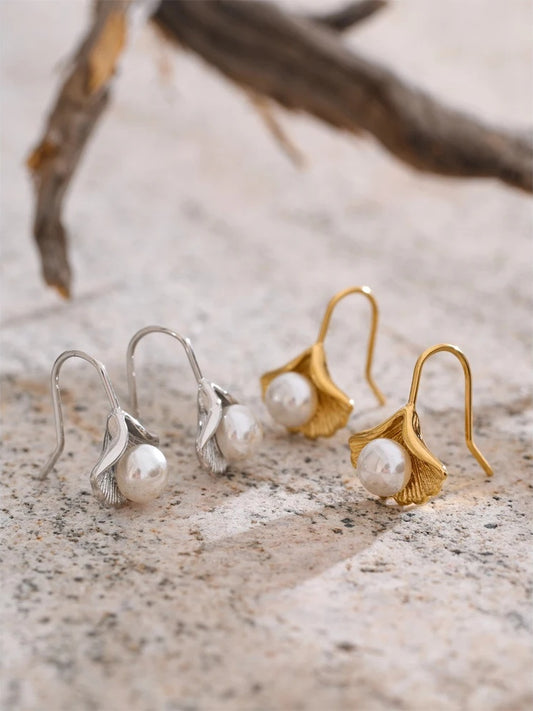 Simulated pearls ginkgo biloba drop earrings - product image