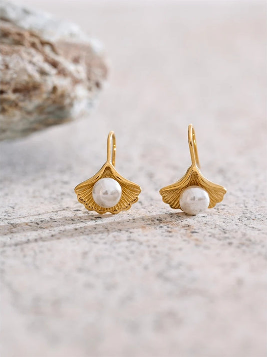 Simulated pearls ginkgo biloba drop earrings - product image