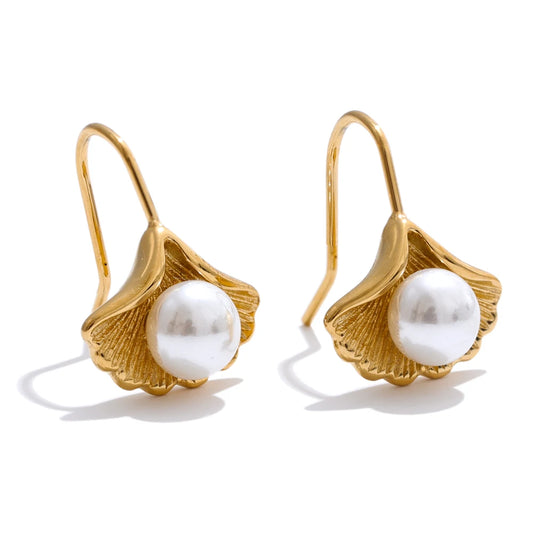 Simulated pearls ginkgo biloba drop earrings - product image