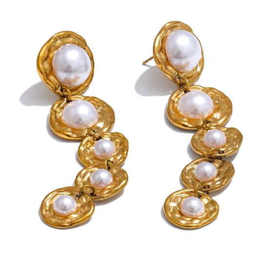 Simulated pearls golden long hanging drop earrings - product image
