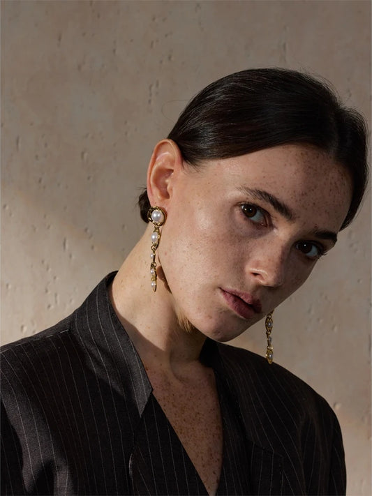 Simulated pearls golden long hanging drop earrings - product image